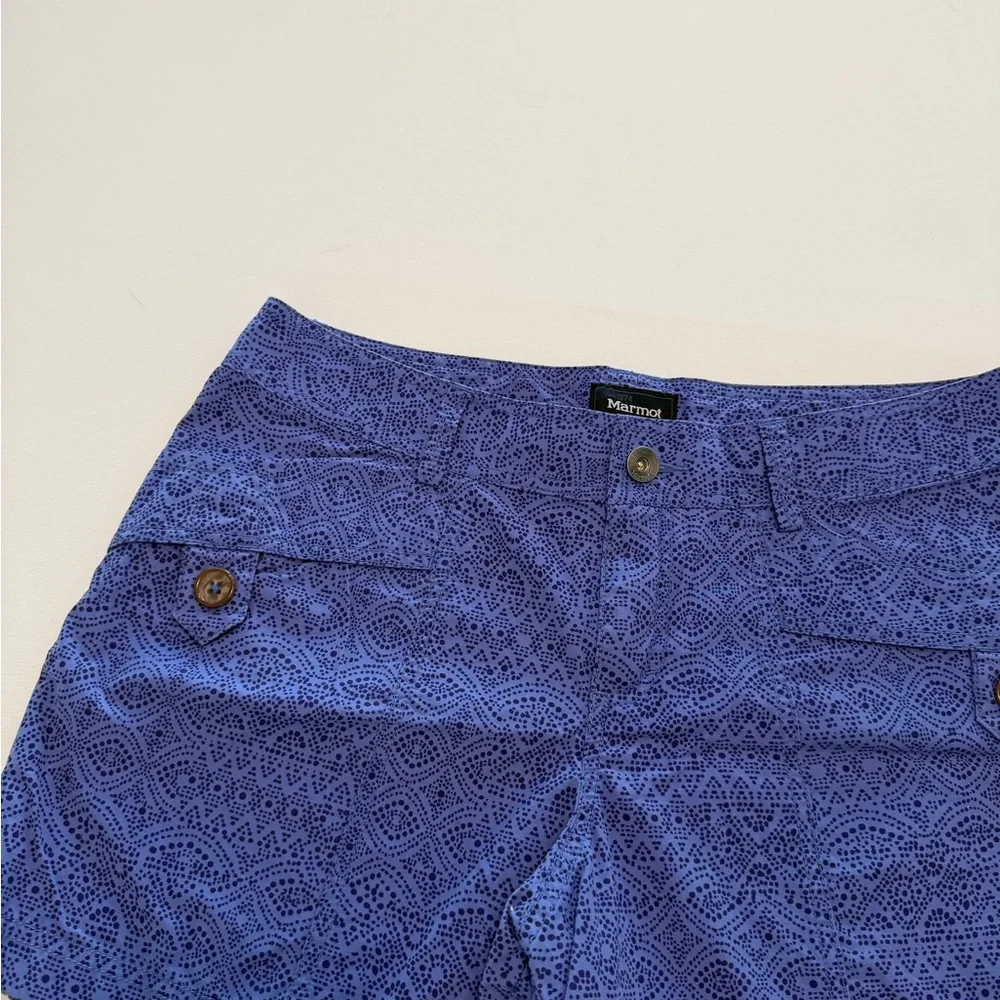 Marmot woman’s blue printed hiking /outdoor shorts lightweight breathable fabric